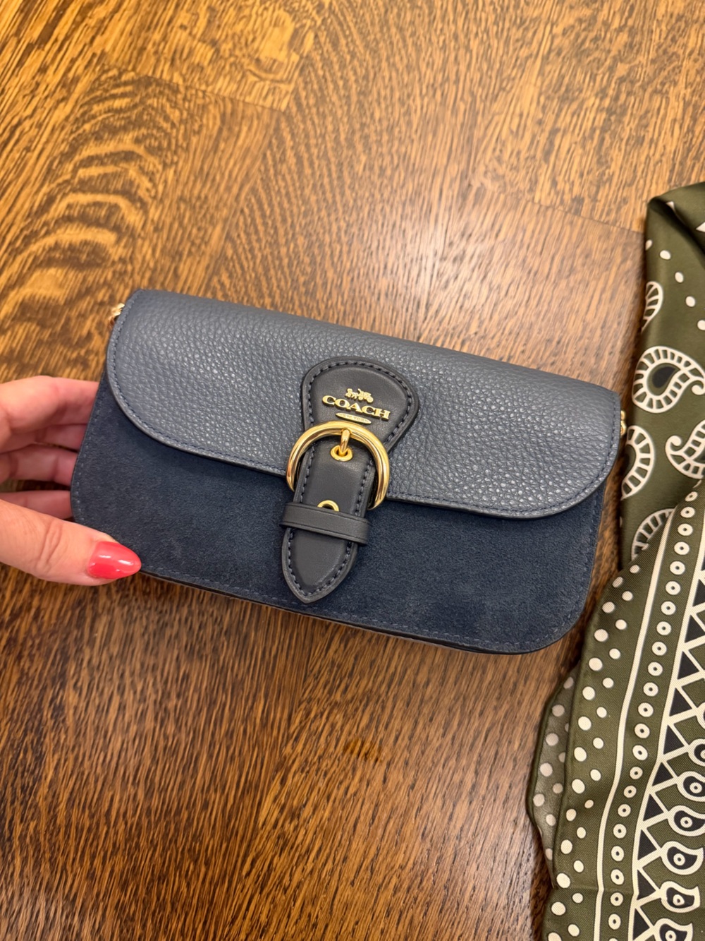 Coach Navy Leather & Suede Crossbody with Gold Chain - Picture 3 of 3
